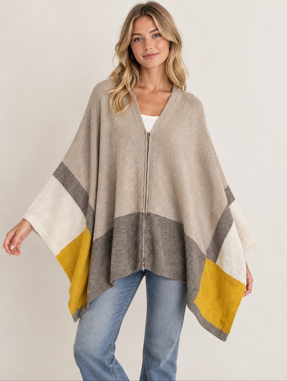 Tommy Bahama Merino Wool Colorblock Zip-Up Poncho Shawl One Size